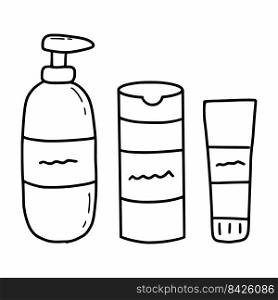 Set of cosmetics for body. Sh&oo and hand cream. Doodle illustration.