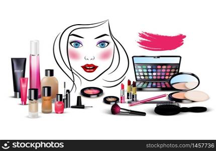 Set of cosmetics with beautiful woman face on isolated background.vector