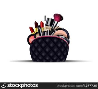 Set of cosmetics with black bag on isolated background.vector