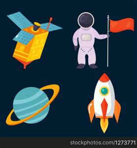 Set of cosmic icons in a fat style satellite, spaceman, spaceship, planet. Set of cosmic icons in a fat style