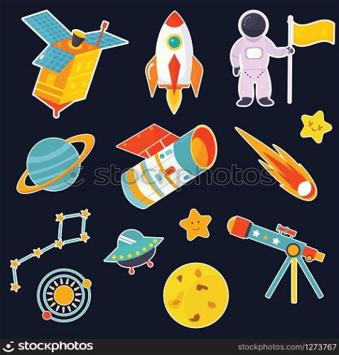Set of cosmic icons in a fat style satellite, spaceman, spaceship, planet, constellation, telescope, ufo. Big set of cosmic icons in a fat style