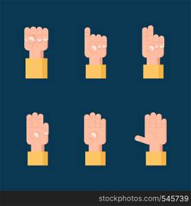 Set of counting hand sign from zero to five. Communication gestures concept. Vector illustration isolated on plane background flat design.. Set of counting hand signs. Communication concept.