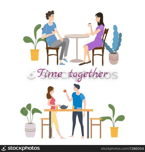 Set of couples in love on daily life or everyday routine scenes of young romantic relationship. Set of couples in love on daily life or everyday routine scenes of young romantic relationship. Spending time or relaxing together - drinking tea or coffee, eating. Male female characters. Vector illustration flat cartoon