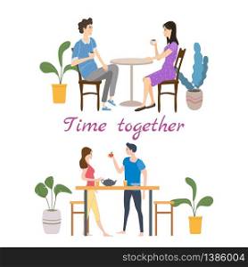 Set of couples in love on daily life or everyday routine scenes of young romantic relationship. Set of couples in love on daily life or everyday routine scenes of young romantic relationship. Spending time or relaxing together - drinking tea or coffee, eating. Male female characters. Vector illustration flat cartoon