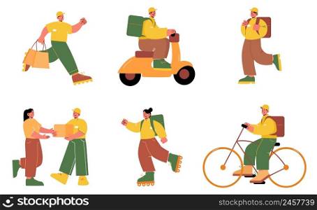 Set of courier characters deliver parcels on bicycle, by feet and scooter. Shipping service worker with food, carton box order transportation to customer, Cartoon line art flat vector illustration. Set of courier characters deliver parcel to client
