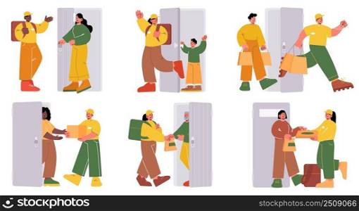 Set of courier characters deliver parcels to clients door. Shipping service worker with grocery, food, carton box, pizza or paper bags bringing order to customers home, Linear flat vector illustration. Set courier characters deliver parcels to clients