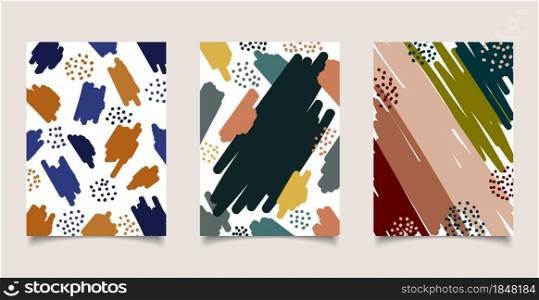 Set of cover brochure abstract aesthetic hand drawn brush strokes, spot pattern on white background. You can use for presentation template, poster, flyer, banner, etc. Vector illustration