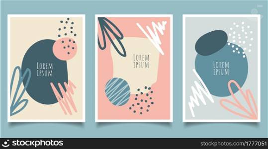 Set of cover brochure template abstract hand drawn pattern organic shapes with line pastel color background. Vector illustration