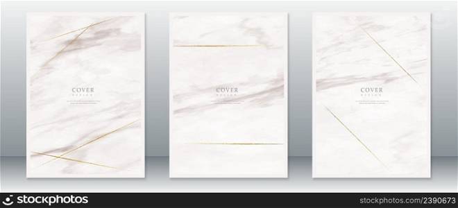 Set of cover page design with watercolor painting marble texture and gold line