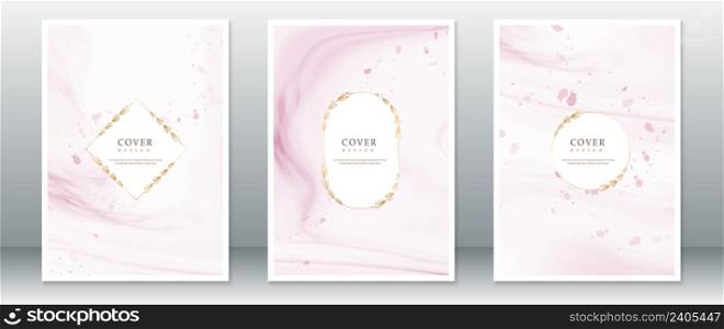 Set of cover page design with watercolor pink background and wreath gold frame