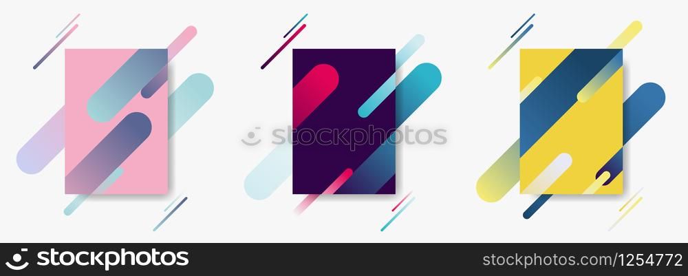 Set of cover poster pattern template with dynamic composition made of various color rounded lines shapes lines in diagonal rhythm. Minimal style. Vector illustration
