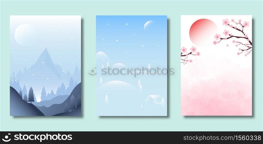 Set of covers design, Modern template with Landscape and cherry blossom, gradient background, Pattern of covers template set, Vector illustration