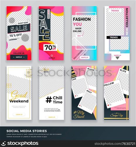 Set of covers for instagram stories. Trendy editable template photo for promotion and sale fashion you in online shop. Discount and clearance posters with empty space for social media story banners. Sale Shop Now Collection Set of Covers Vector