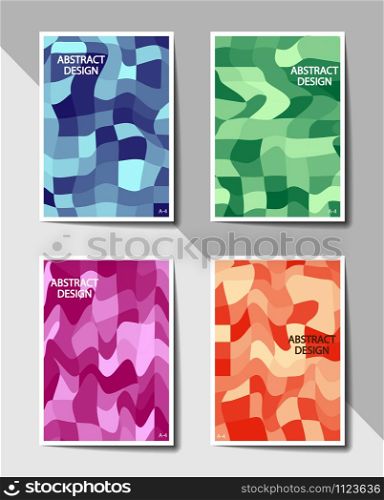 Set of covers with flat color geometric pattern of deformed squares. Format A-4. Casual modern colors. Colorful background for flyers, posters, banners or billboards and booklets