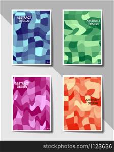 Set of covers with flat color geometric pattern of deformed squares. Format A-4. Casual modern colors. Colorful background for flyers, posters, banners or billboards and booklets