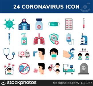 Set of COVID-19 Coronavirus Flat Icons - healthcare, symptom, prevention, treatment, medical equipment