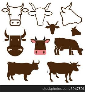 Set of cow icons and design elements in vector. Cow head icons. Beef. Vector illustration.