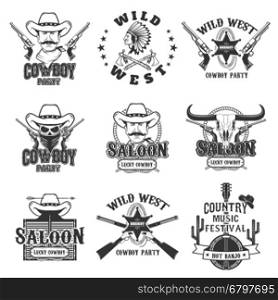 Set of cowboy, rodeo, wild west monochrome labels and badges isolated on white background. Design element for logo, label, emblem, sign, brand mark. Vector illustration.