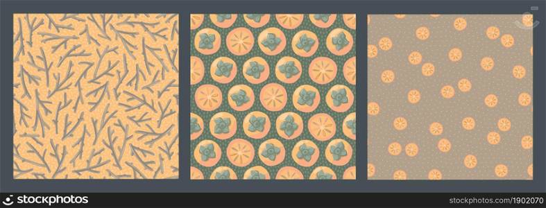 Set of cozy seamless patterns with persimmons. Trendy vector print design. Autumn illustration with fruit, branches, leaves. Seasonal decorative artwork.