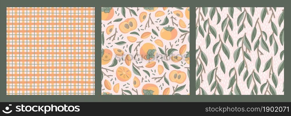 Set of cozy seamless patterns with persimmons. Trendy vector print design. Autumn illustration with fruit, branches, leaves. Seasonal decorative artwork.
