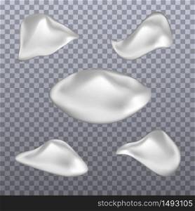 Set of cream smears. Realistic white cosmetic cream texture, skincare gel, foam or lotion. Isolated elements. Vector illustration