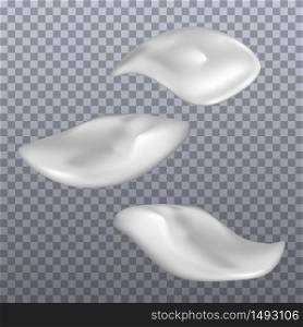 Set of cream smears. Realistic white cosmetic cream texture, skincare gel, foam or lotion. Isolated elements. Vector illustration