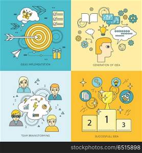 Set of Creating Ideas Concept Vector Illustrations. Set of idea concept vectors. Flat style. Ideas implementation, generation of idea, team brainstorming, successful idea illustrations for business, science, education companies ad, web page design.. Set of Creating Ideas Concept Vector Illustrations