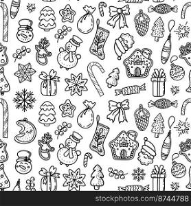 Set of creative black and white vector illustrations with various thematic Christmas icons forming abstract pattern. seamless pattern of linear Xmas icons on white background
