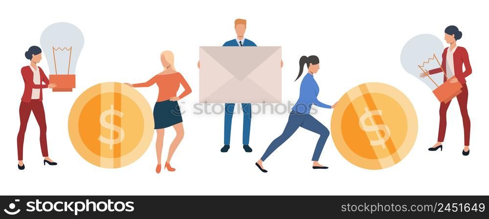 Set of creative business people. Vector illustration of entrepreneurs holding coin, envelope and light bulb. Can be used for marketing project, presentation, promo. Set of creative business people