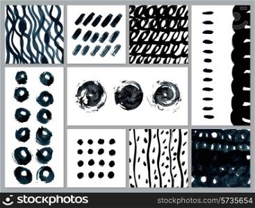 Set of creative cards with blots and scribbles. Vector illustration.