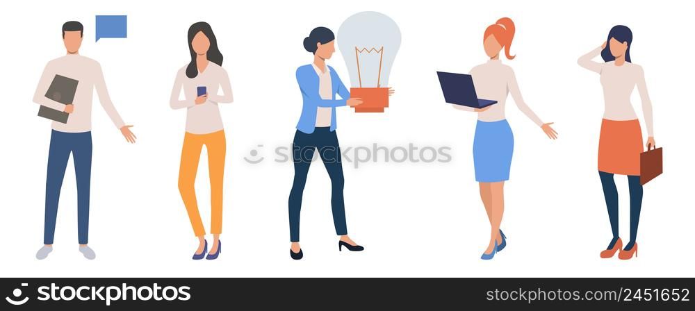 Set of creative freelancers working online. Colorful cartoon characters of business people having ideas. Vector illustration can be used for presentation, project management, solution . Set of creative freelancers working online