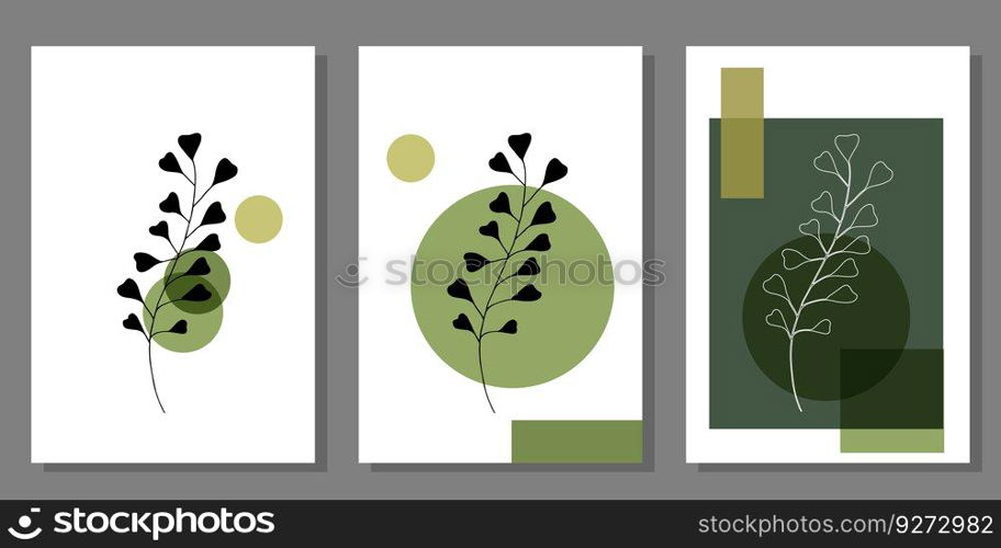 Set of creative minimalist paintings with botanical elements and green shapes. For interior decoration, print and design