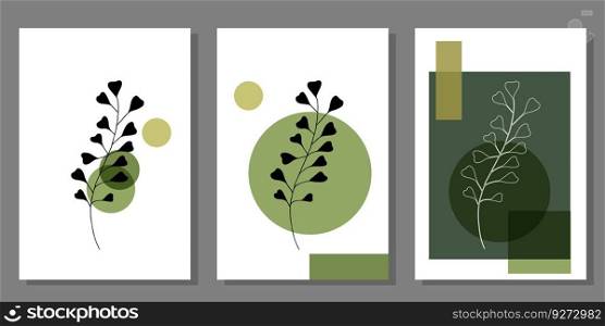 Set of creative minimalist paintings with botanical elements and green shapes. For interior decoration, print and design