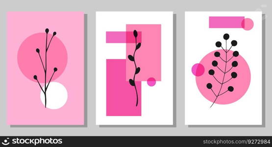 Set of creative minimalist paintings with botanical elements and pink shapes. For interior decoration, print and design