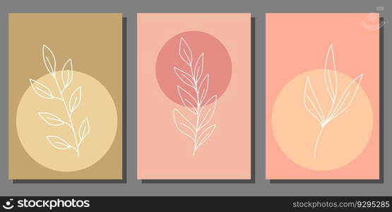 Set of creative minimalist paintings with hand drawn botanical elements. For interior decoration, print and design