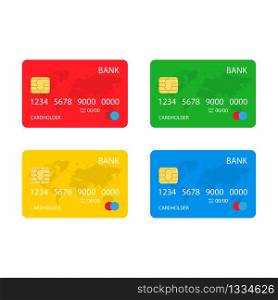 Set of credit plastic bank cards of red green yellow and blue. Stock vector illustration EPS10