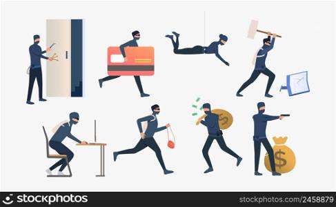 Set of criminals robbing flats. Car burglary, thieves, criminals wearing black clothes. Crime concept. Vector illustration for webpage, landing page