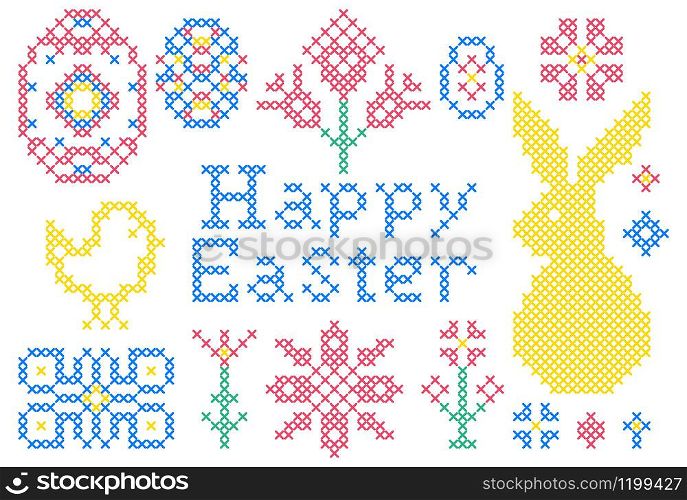 Set of cross stitch embroidery elements for Easter collection.