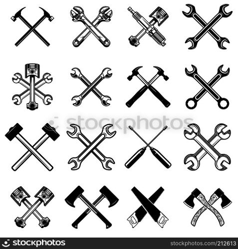 Set of crossed saws, hammers, pistons, wrench, axe. Design element for logo, label, emblem, sign. Vector illustration