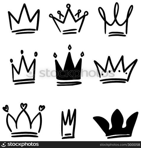 Set of crown illustrations in sketching style. Corona symbols. Tiara icons. Vector illustration