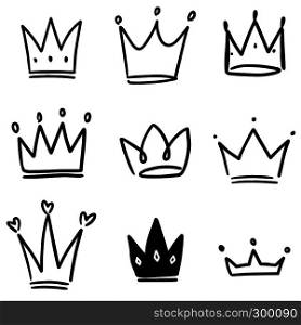 Set of crown illustrations in sketching style. Corona symbols. Tiara icons. Vector illustration