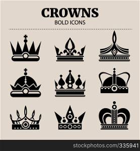 Set of crowns. Vector flat illustration. Bold icons monochrome crown. Set of crowns. Vector flat illustration. Bold icons