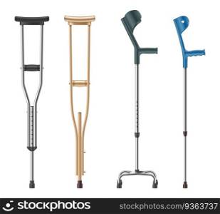 Set of crutches. Elbow, telescopic metal, wooden handicapped canes for patients walking. Medical equipment for rehabilitation of people with diseases of musculoskeletal system. Vector illustration. Set of crutches  elbow, telescopic metal, wooden canes. Medical equipment for rehabilitation