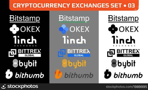 Set of cryptocurrency exchanges logo, digital stock market symbols icons isolated in monochrome and color. Set 03. Vector illustration.. Set of cryptocurrency exchanges logo, digital stock market symbols icons isolated in monochrome and color. Set 03.