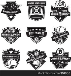 Set of cryptocurrency mining emblems isolated on white background. Design elements for logo,label, emblem, sign. Vector illustration