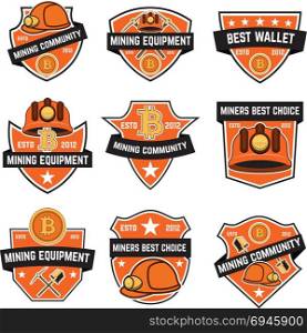Set of cryptocurrency mining emblems isolated on white background. Design elements for logo,label, emblem, sign. Vector illustration