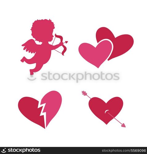 Set of cupid icons with heart arrows and angel isolated vector illustration
