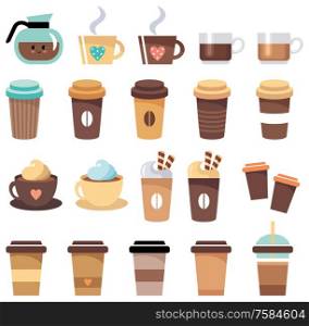 Set of cups and glasses with coffee. Vector illustration