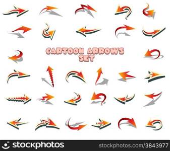 Set of curved arrow signs drawn in cartoon style. Isolated on white background.
