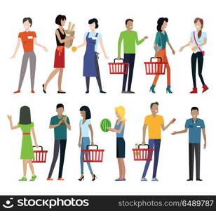 Set of customers and sellers characters vector templates. Flat style design. Man and woman making purchases and sell goods. Supermarket personnel, consumer choice and shopping in mall concept. . Set of Shopping Characters Vector Illustration.. Set of Shopping Characters Vector Illustration.